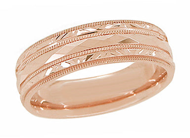 Retro Carved Kaleidoscope and Chevrons 14 Karat Rose Gold 6mm Wedding Band