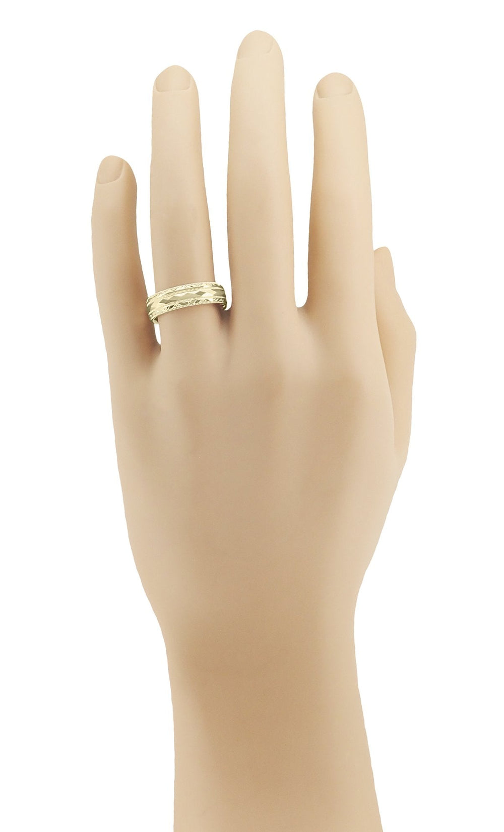 Mans hand with Engraved Kaleidoscope Retro Modern Vintage Wide Wedding Band in Yellow Gold R859Y