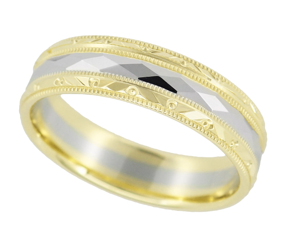 Mens Geometric Scultpural Pattern Two Tone 1950's Vintage Wedding Ring 6mm Wide Yellow and White Gold Mixed Metal - R859YWY