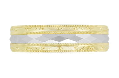 Mixed Metals 1950's Retro Sculptural Kaleidoscope Vintage Style Wide Wedding Band in 14K Yellow and White Gold - alternate view