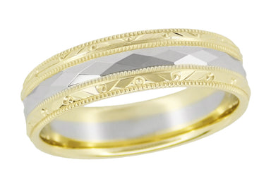 1950s Two Tone Carved White and Yellow Gold 6mm Vintage Wedding Band - R859YWY