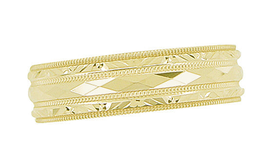 Yellow Gold Engraved Kaleidoscope Vintage Retro Design Wide Wedding Band - 6mm - Item: R859Y10 - Image: 3