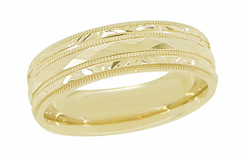 Yellow Gold Engraved Kaleidoscope Vintage Retro Design Wide Wedding Band - 6mm - Item: R859Y10 - Image: 2