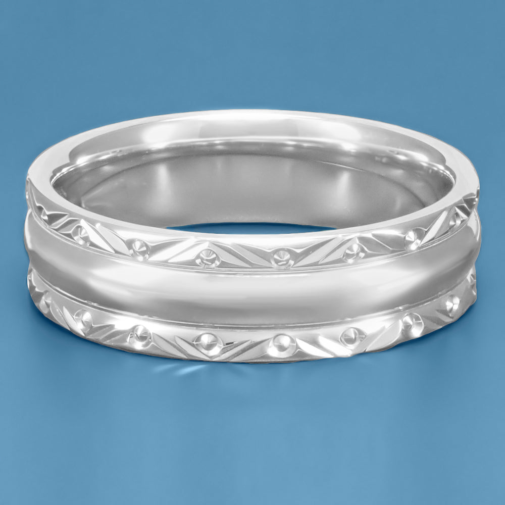 Platinum Circles & Chevrons 1950's Mid Century Modern Sculptural Wedding Band - 6mm Wide - Item: R860P - Image: 3