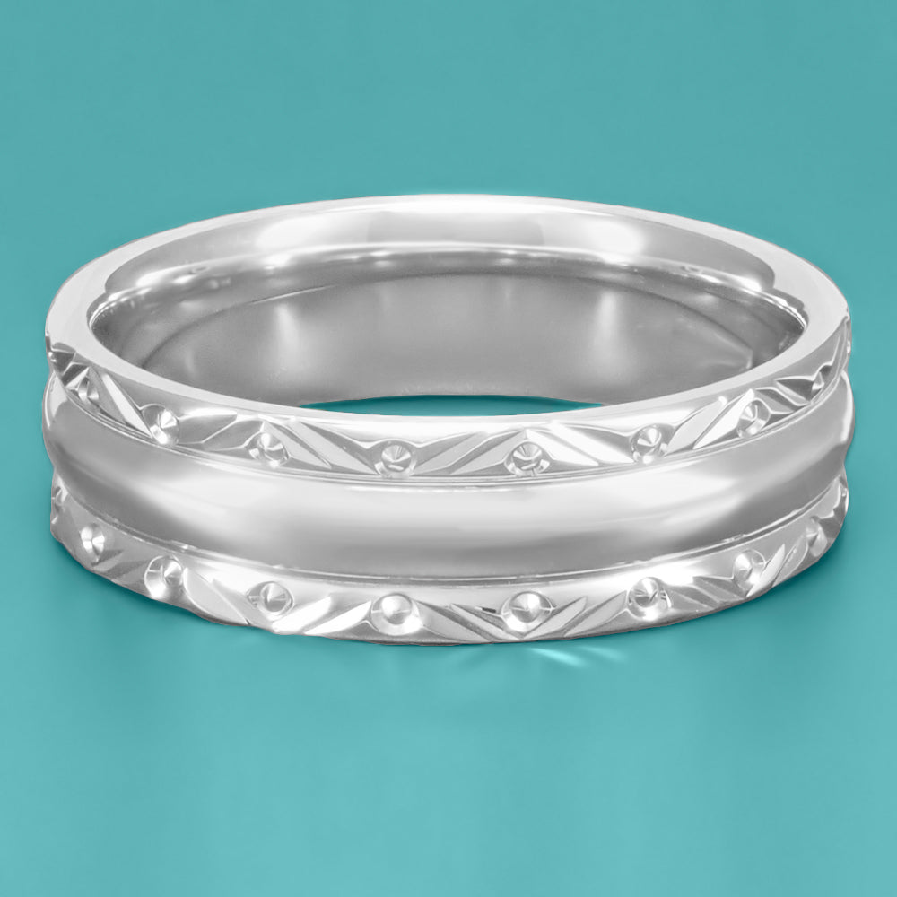Circles and Chevrons 1950's Retro Carved Wedding Band in White Gold - 6mm Wide - Item: R860W10 - Image: 3
