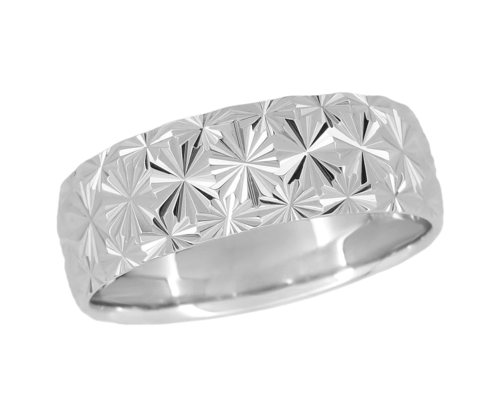 Mid Century Modern Sculptural Vintage Starbursts Engraved Platinum Wedding Band - 8mm Wide - Item: R861P8 - Image: 4