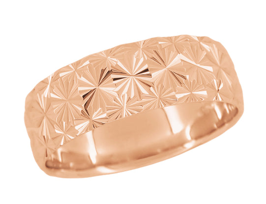 Vintage Starbursts Rose Gold 8mm Wide Sculptural Mid Century Modern Wedding Band