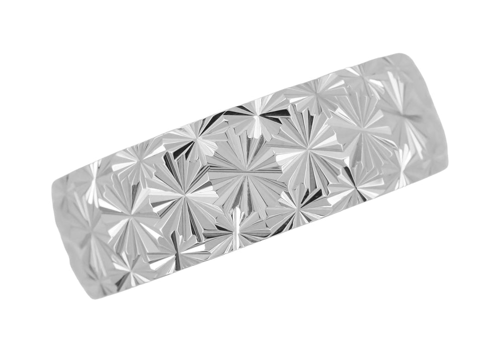 8mm Wide Vintage Starbursts Engraved Mid Century Modern White Gold Wedding Ring - Item: R861W8 - Image: 2