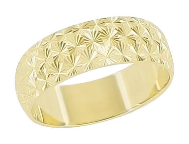 1950s Yellow Gold Mid Century Modern Starburst Carved Wedding Band - 6mm Wide