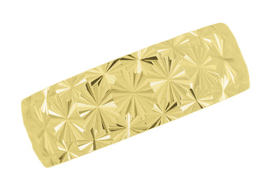 Yellow Gold Vintage Starbursts Engraved Mid Century Modern Wedding Ring  - 8mm Wide - alternate view