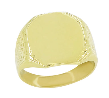 Mens Victorian Rectangular Sunburst Engraved Signet Ring in Yellow Gold - alternate view