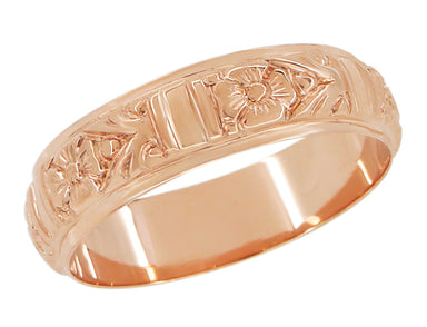 14K Rose Gold Mens Antique Wedding Band Deeply Hand Carved Floral 6mm Wide - R885