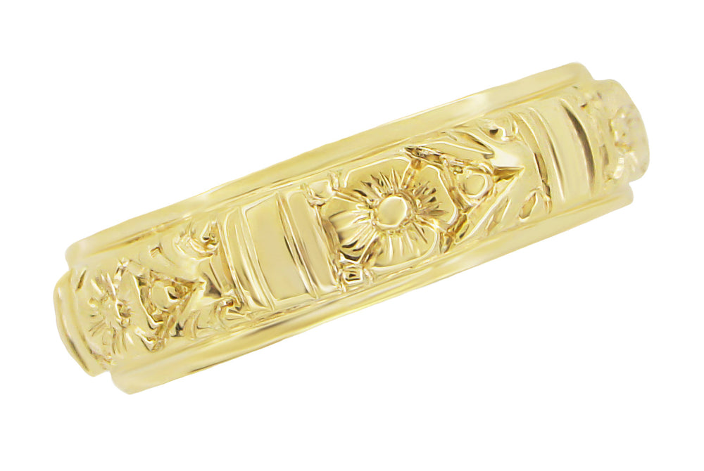 Victorian Yellow Gold Mens Vintage Wedding Band with Deep Hand Engraved Floral Pattern 6mm Wide 18K or 14K - R885Y