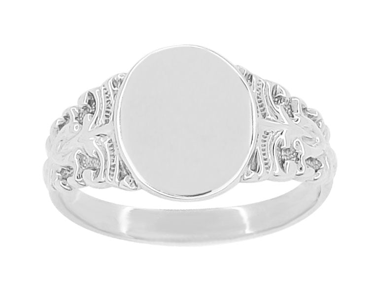 Fleur-de-Lis Victorian Oval Signet Ring in White Gold