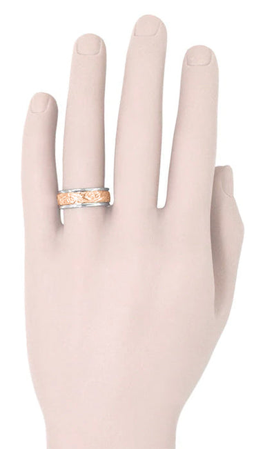 Two Tone Antique Style Art Nouveau Sculptural Wide Wedding Band in 14 Karat White and Rose Gold - alternate view