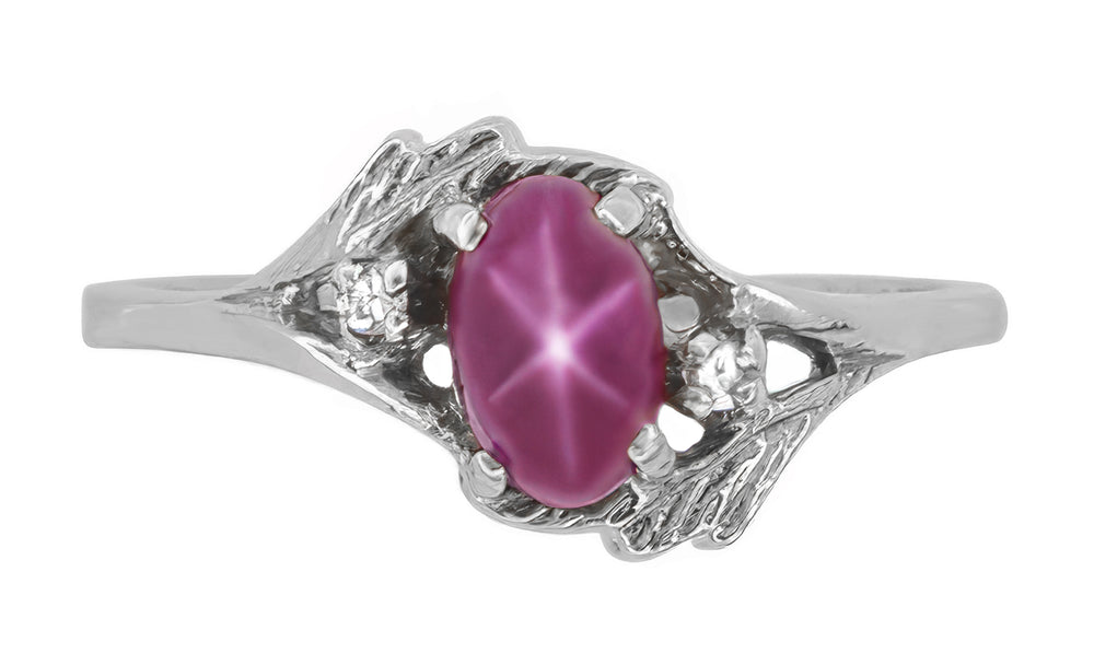 Vintage 1970's Inspired Star Ruby Ring in White Gold - Cabochon Ruby with Side Diamonds & Leaf Bypass Design - Item: R921W - Image: 2