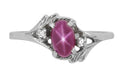Vintage 1970's Inspired Star Ruby Ring in White Gold - Cabochon Ruby with Side Diamonds & Leaf Bypass Design