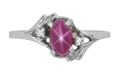Vintage 1970's Inspired Star Ruby Ring in White Gold - Cabochon Ruby with Side Diamonds & Leaf Bypass Design - alternate view