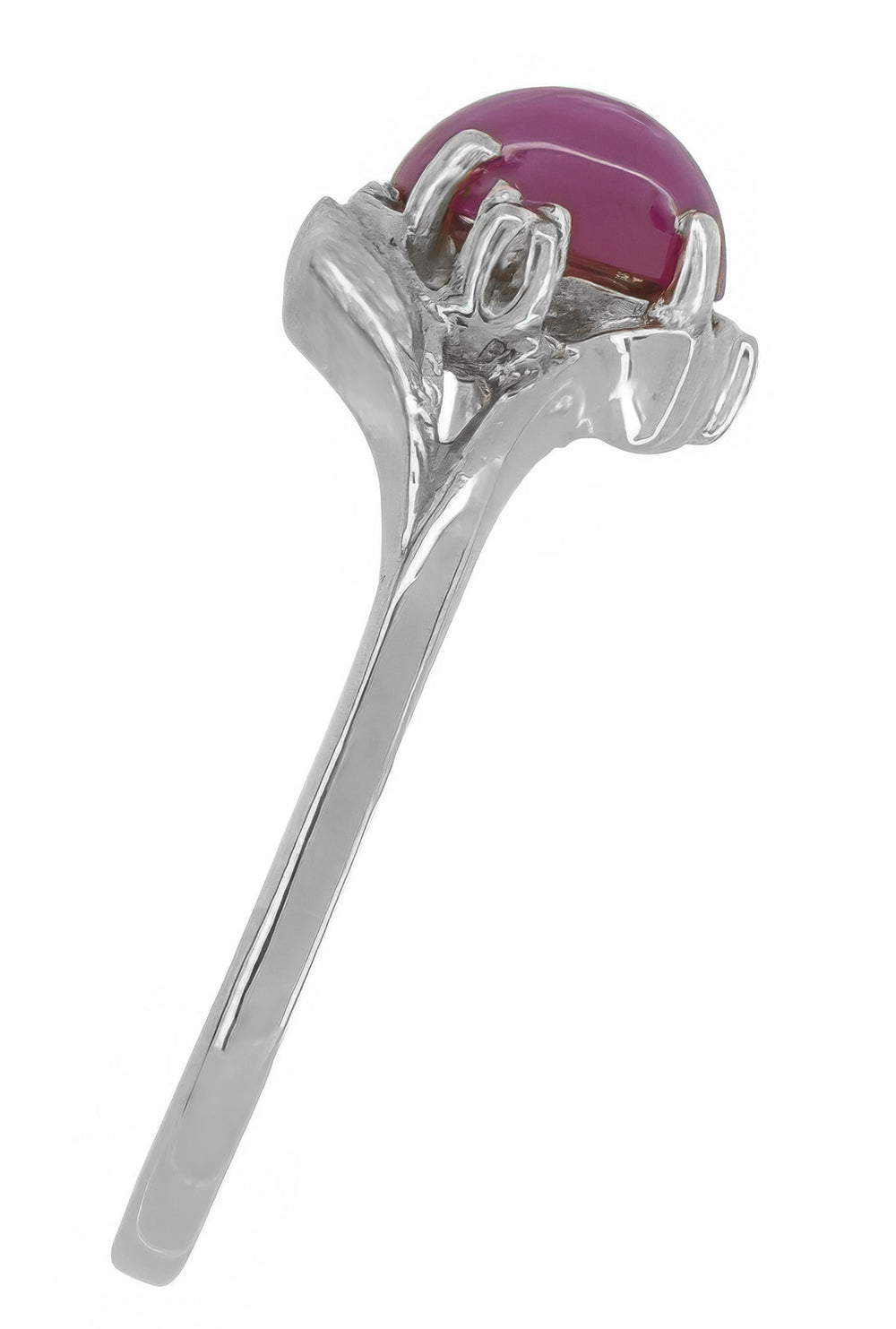 Vintage 1970's Inspired Star Ruby Ring in White Gold - Cabochon Ruby with Side Diamonds & Leaf Bypass Design - Item: R921W - Image: 3