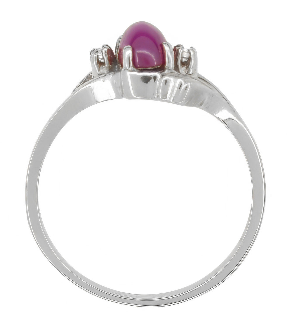 Vintage 1970's Inspired Star Ruby Ring in White Gold - Cabochon Ruby with Side Diamonds & Leaf Bypass Design - Item: R921W - Image: 4