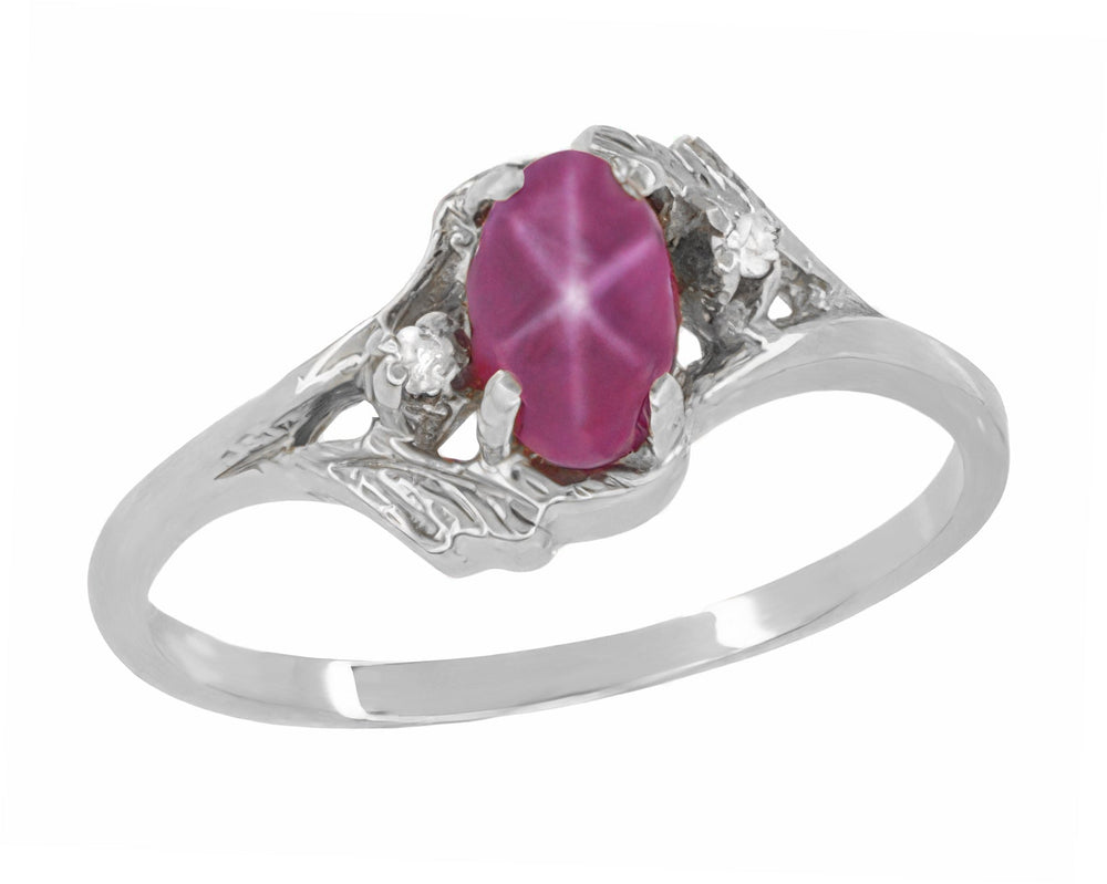 Vintage 1970's Inspired Star Ruby Ring in White Gold - Cabochon Ruby with Side Diamonds & Leaf Bypass Design