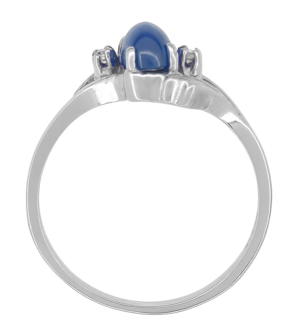 White Gold 1970s Vintage Style Oval Blue Star Sapphire Cabochon Bypass Ring with Side Diamonds - Item: R921WS - Image: 4