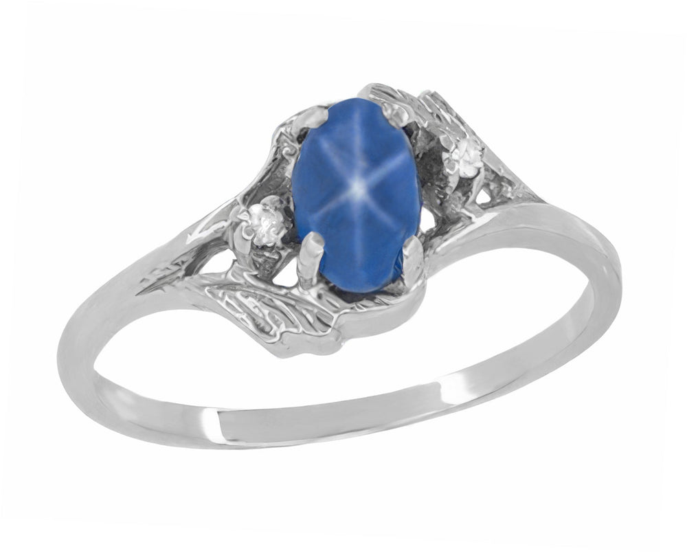 White Gold 1970s Vintage Style Oval Blue Star Sapphire Cabochon Bypass Ring with Side Diamonds - Item: R921WS - Image: 2