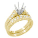 Yellow Gold Art Deco Scroll Engraved Engagement Ring Setting and Coordinating Wedding Band for a 1.50 Carat Round Diamond