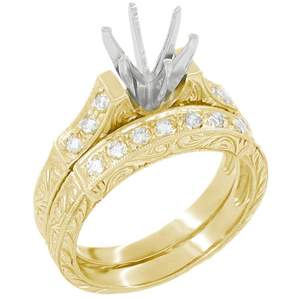 Hand-Engraved Art Deco Scroll 2 Carat Round Diamond Engagement Ring Setting and Coordinating Wedding Band in Yellow Gold