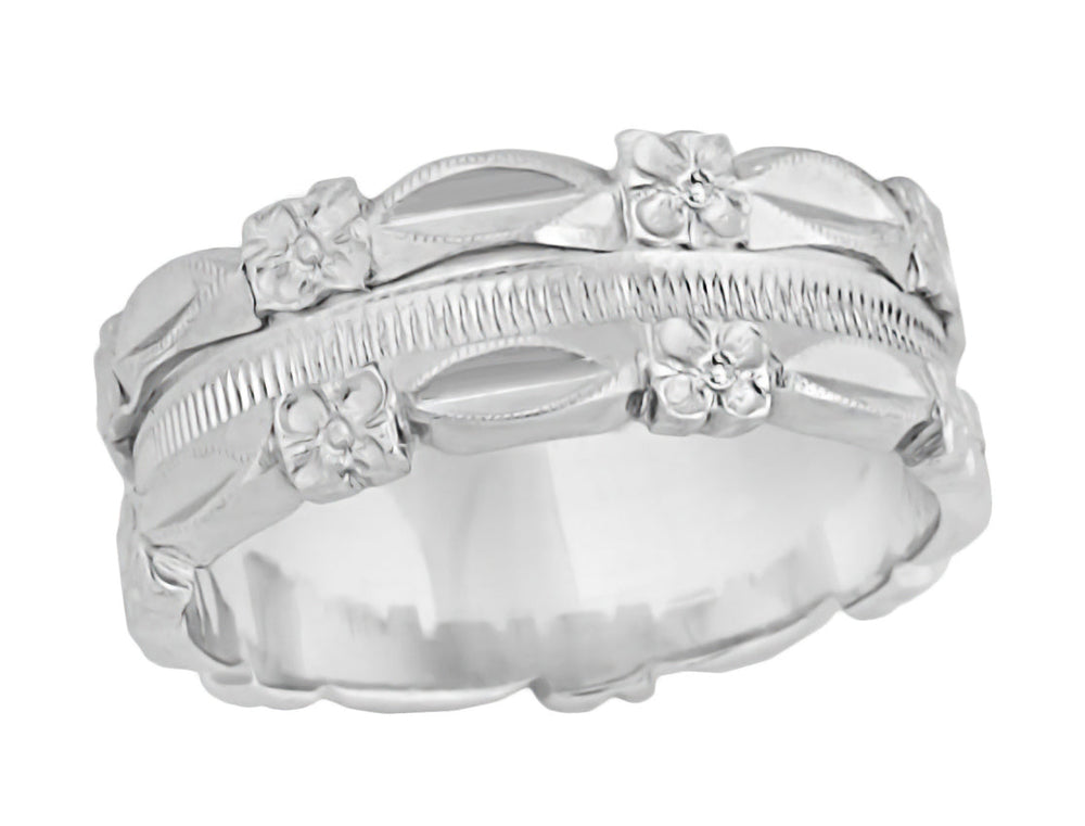 1950's Antique Style Pansy Flowers 7mm Wide Sculptural Platinum Wedding Ring