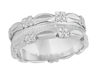 1950's Antique Style Pansy Flowers 7mm Wide Sculptural Platinum Wedding Ring