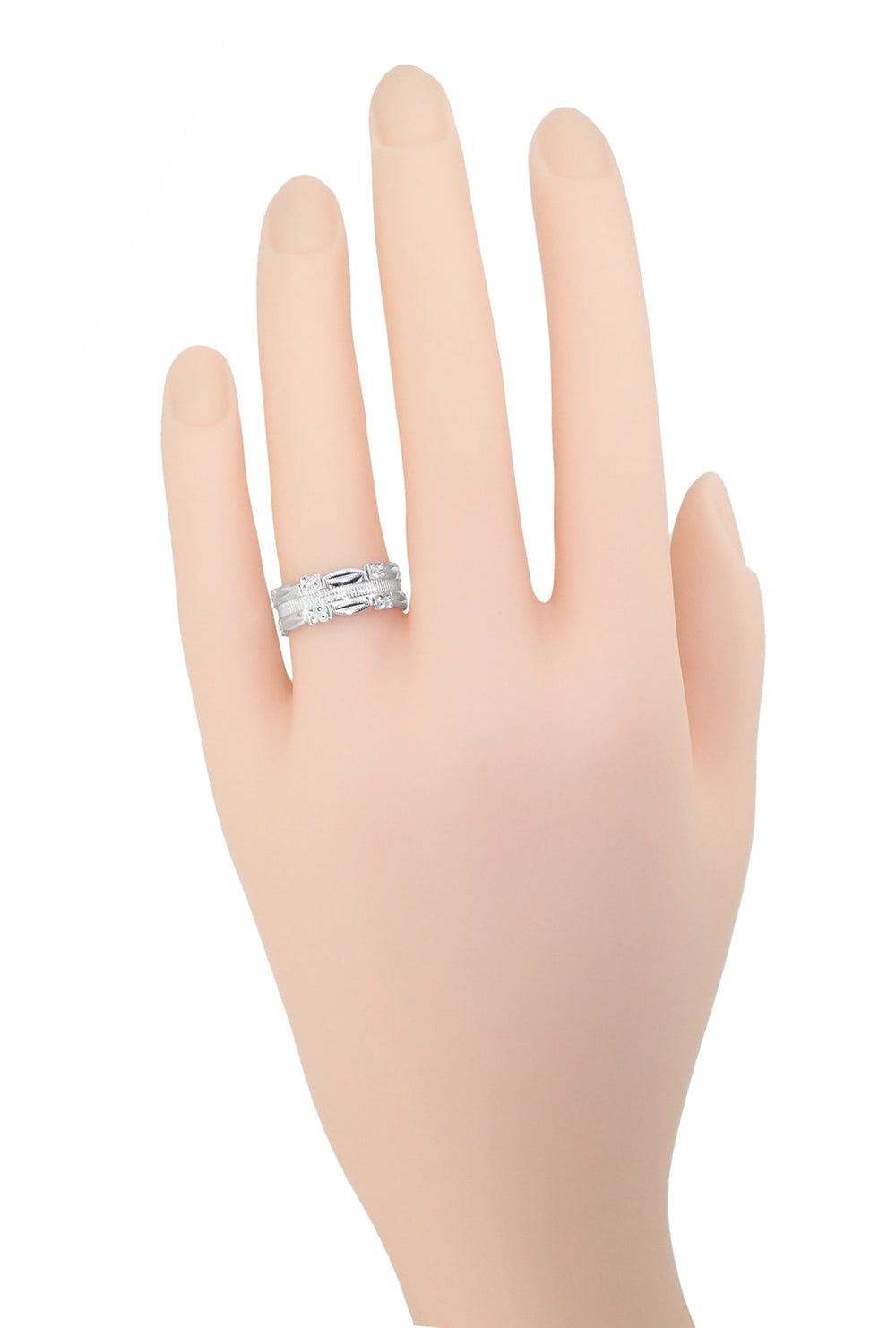 1950's Antique Style Pansy Flowers 7mm Wide Sculptural Platinum Wedding Ring - Item: R978P - Image: 3