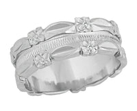 1950's Pansy Flowers Vintage Design Wedding Band in White Gold - 7mm Wide