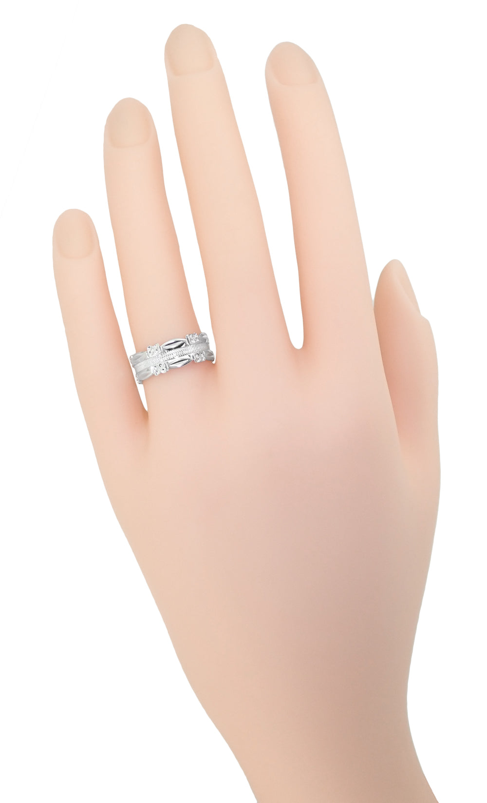 1950's Pansy Flowers Vintage Design Wedding Band in White Gold - 7mm Wide - Item: R978W10 - Image: 3