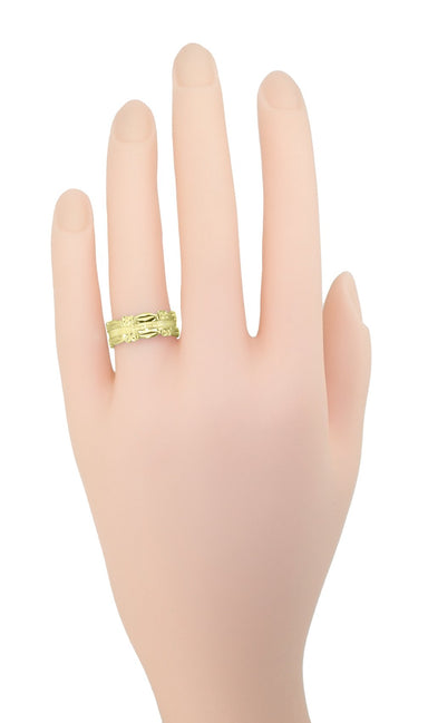 1950's Pansy Flowers Vintage Style Wide Wedding Ring in Yellow Gold - 7mm Wide - alternate view