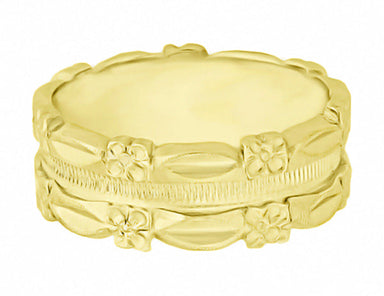 Pansy Flowers Vintage 7mm Wide Wedding Band - 14K Yellow Gold