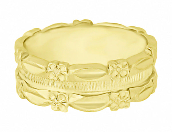 Pansy Flowers Vintage 7mm Wide Wedding Band - 14K Yellow Gold