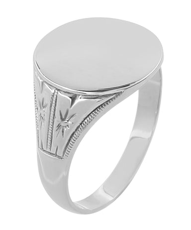 14 Karat White Gold Victorian Side Carved Antique Engravable Oval Signet Ring - Kent - alternate view