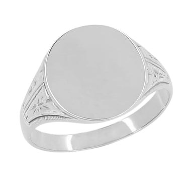 14 Karat White Gold Victorian Side Carved Antique Engravable Oval Signet Ring - Kent
