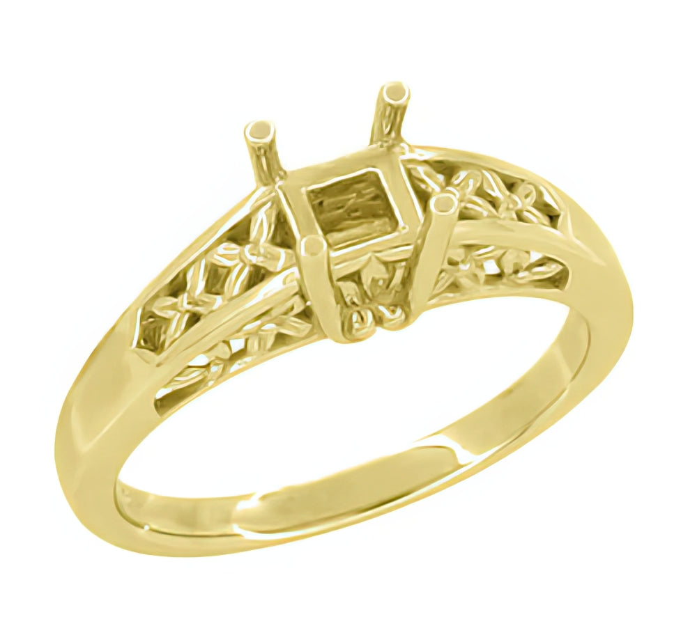A vintage yellow gold Art Nouveau engagement ring mounting with a filigree flowers and leaves design. This 4 prong setting is designed for a round diamond of 3/4 to 1 carat, and will accommodate other shapes - Princess, Asscher, Radiant & Cushion - R988Y