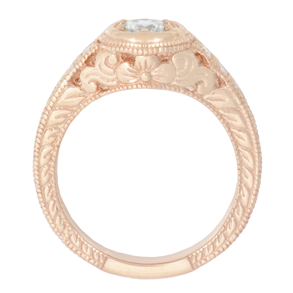 Rose Gold Art Deco Filigree Flowers & Scrolls 1/2 Carat Engraved Diamond Engagement Ring - Item: R990R50D-LC - Image: 2