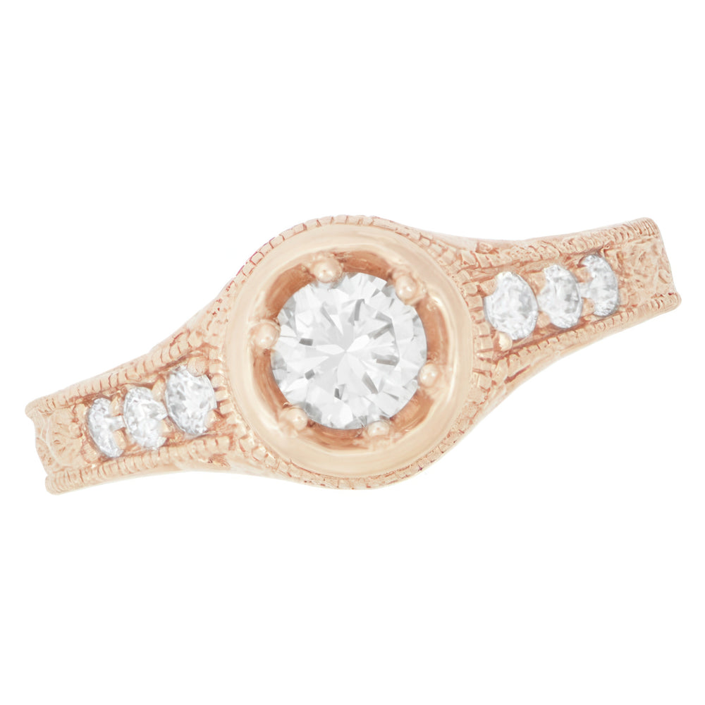 Rose Gold Art Deco Filigree Flowers & Scrolls 1/2 Carat Engraved Diamond Engagement Ring - Item: R990R50D-LC - Image: 3