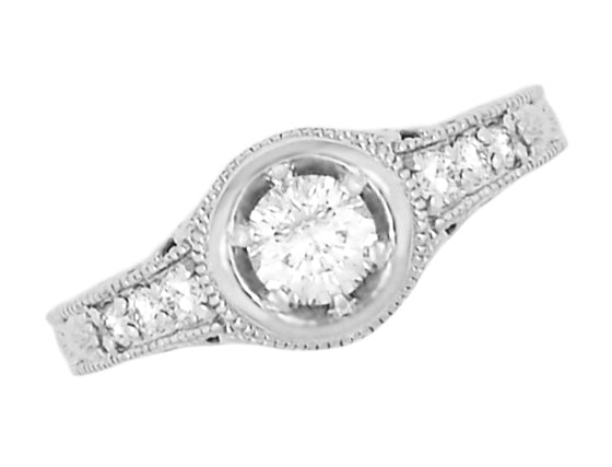 Art Deco Filigree Flowers and Scrolls Engraved 1/4 Carat Diamond Engagement Ring in 14 Karat White Gold - Item: R990W25-LC - Image: 2