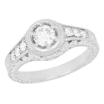 Art Deco Filigree Flowers and Scrolls Engraved 1/2 Carat Diamond Halo Engagement Ring in 14 Karat White Gold