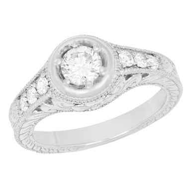 Art Deco Filigree Flowers and Scrolls Engraved 1/2 Carat Diamond Halo Engagement Ring in 14 Karat White Gold
