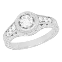 Art Deco Filigree Flowers and Scrolls Engraved 1/2 Carat Diamond Halo Engagement Ring in 14 Karat White Gold