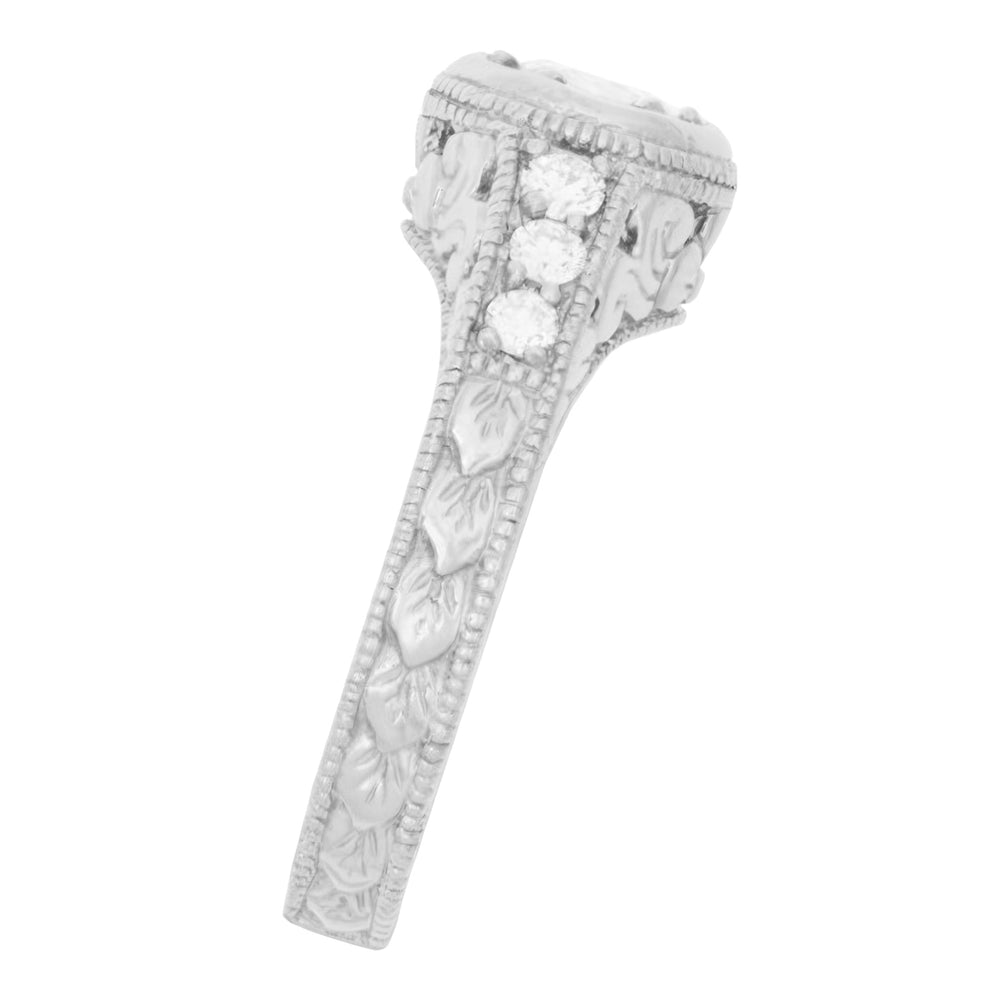 Art Deco Filigree Flowers and Scrolls Engraved 1/2 Carat Diamond Halo Engagement Ring in 14 Karat White Gold - Item: R990W50-LC - Image: 3