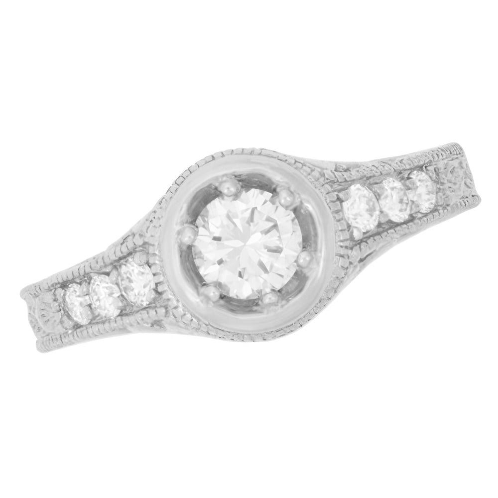 Art Deco Filigree Flowers and Scrolls Engraved 1/2 Carat Diamond Halo Engagement Ring in 14 Karat White Gold - Item: R990W50-LC - Image: 4