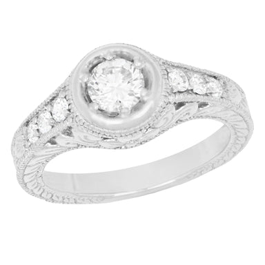 Art Deco Filigree Flowers and Scrolls Engraved 1/2 Carat Diamond Engagement Ring Setting in White Gold