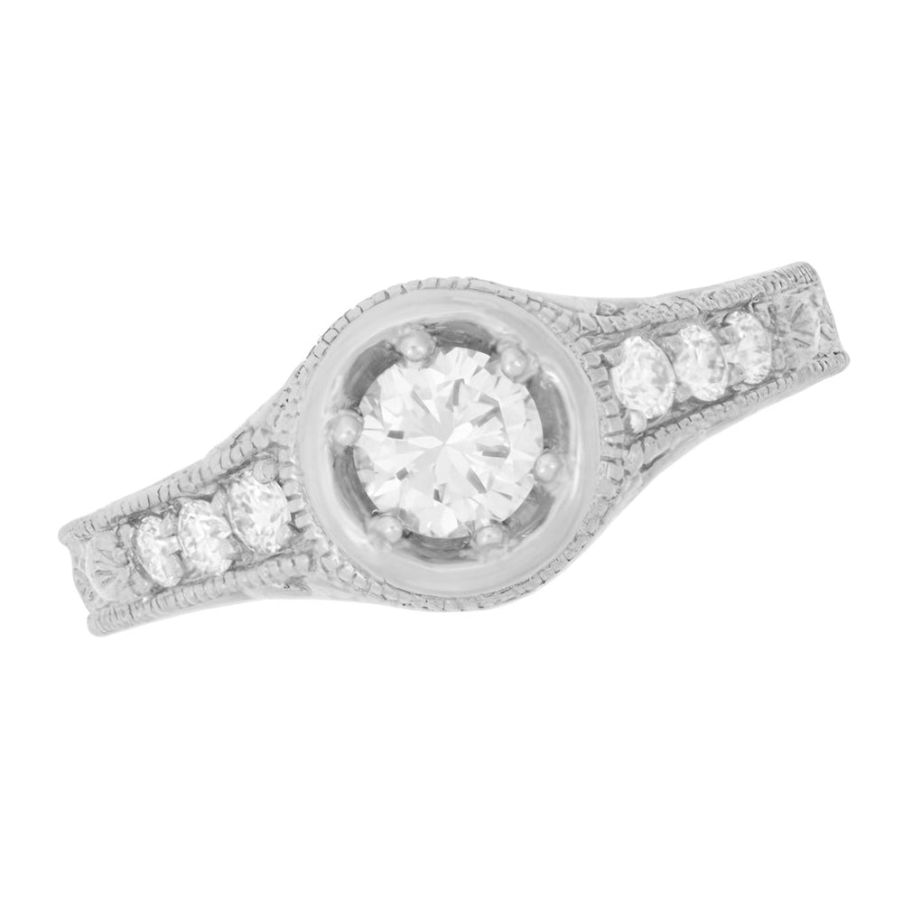 Art Deco Filigree Flowers and Scrolls Engraved 1/2 Carat Diamond Engagement Ring Setting in White Gold - Item: R990W50NS-LC - Image: 4